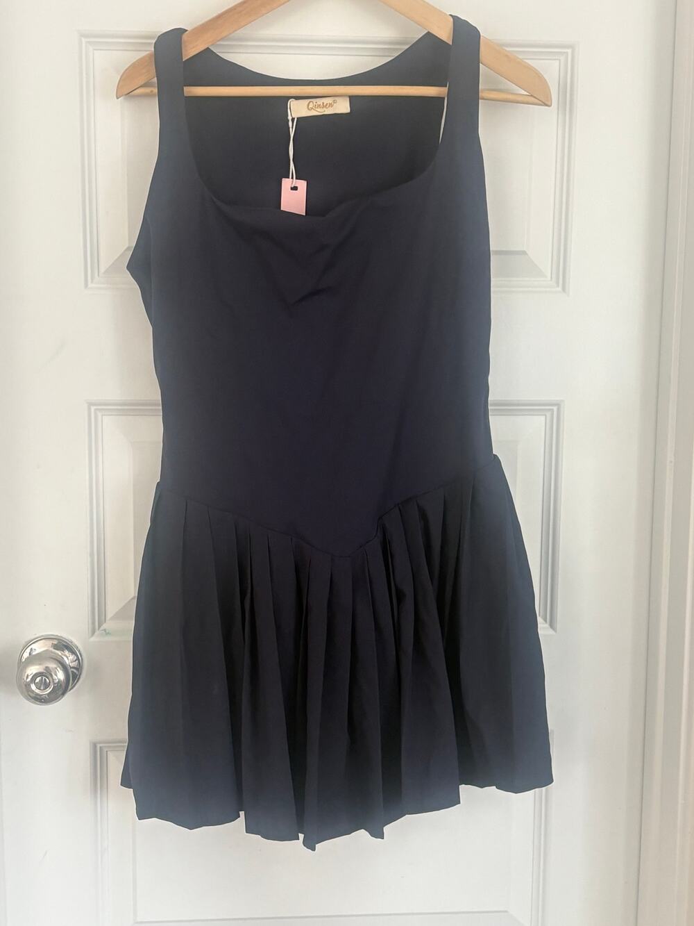 Qinsen NWT Navy Pleated Tank Dress Size L Drop Waist Tennis Style
